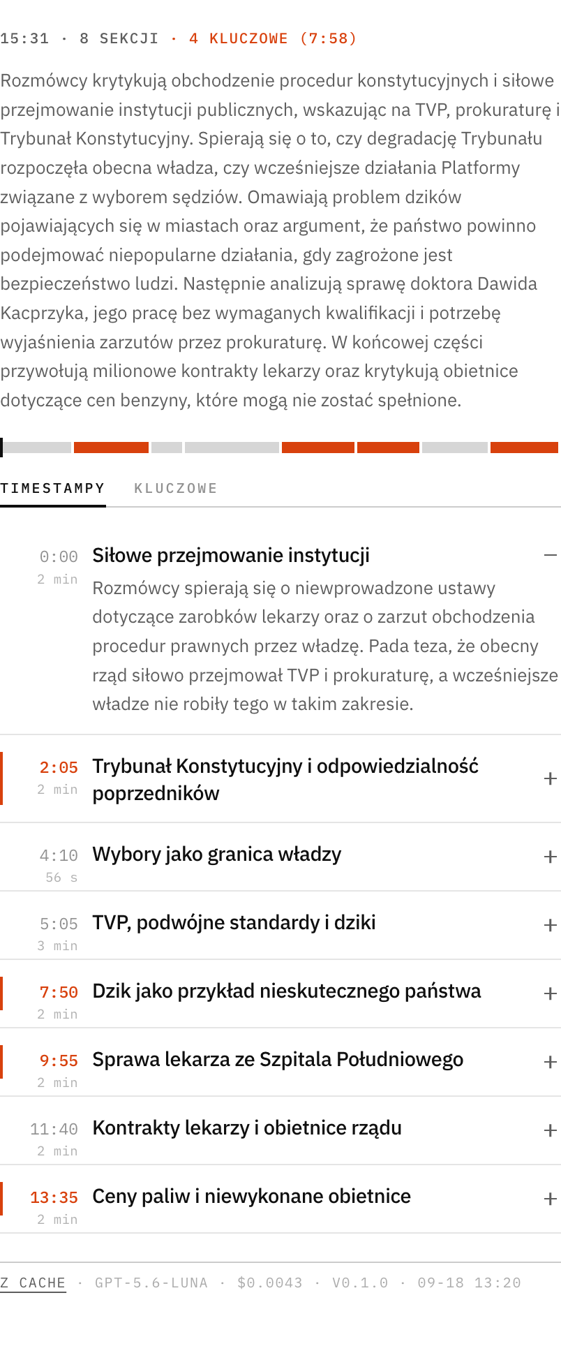 Panel KeyParts w kolumnie bocznej YouTube: lista sekcji z czasami i długościami.